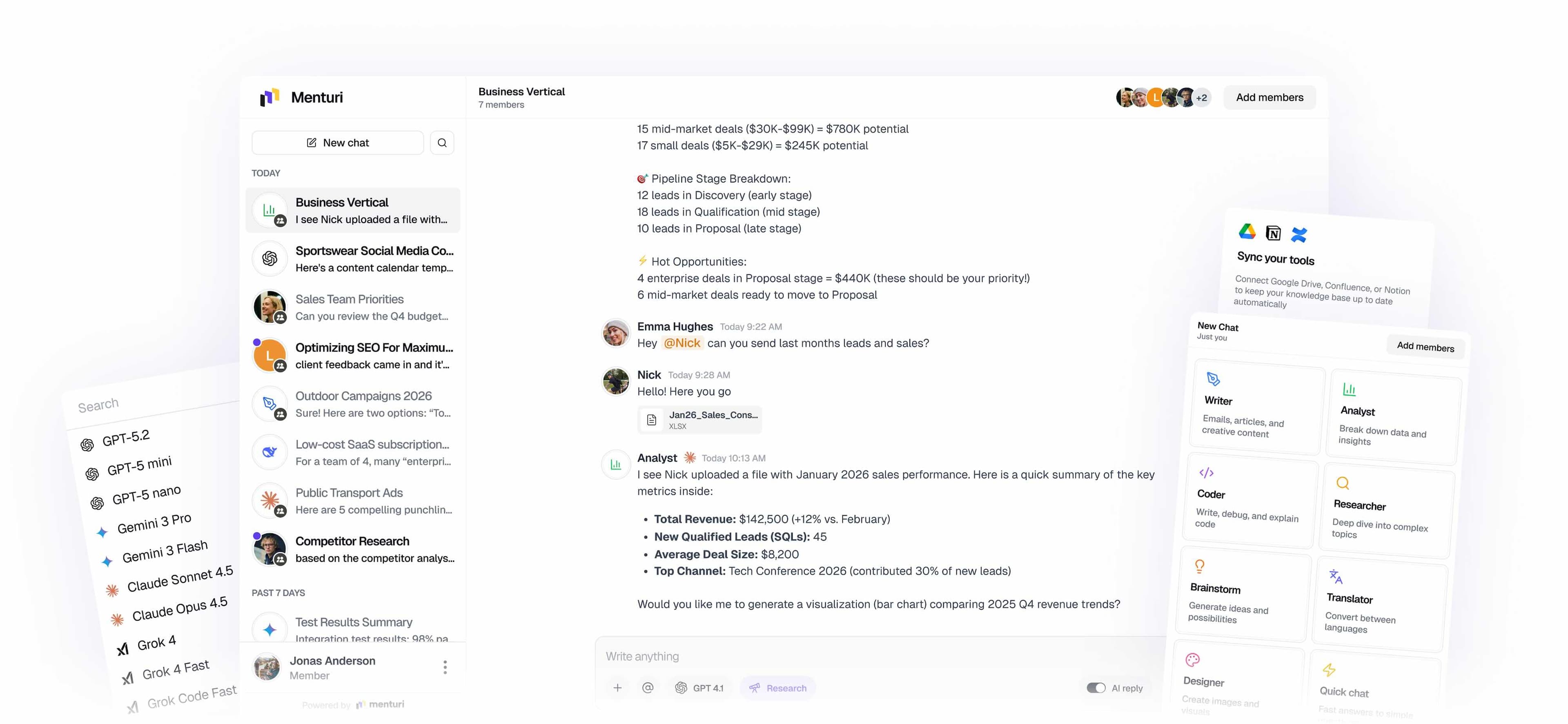 Espace de travail Menturi montrant ChatGPT, Claude et Gemini dans une seule interface