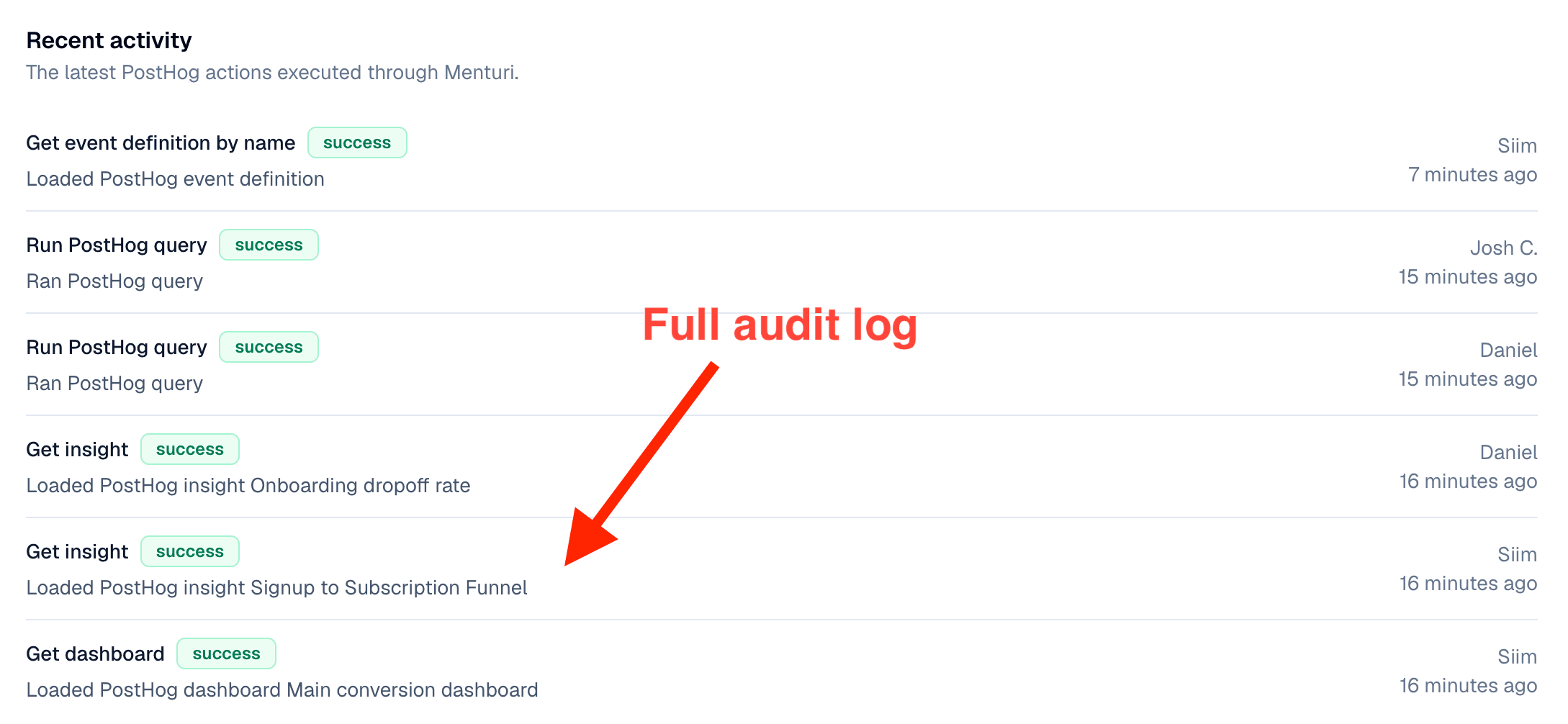 Full log of every action